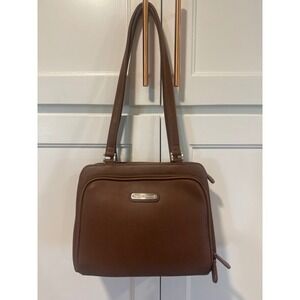 Liz Claiborne Brown Faux Leather Shoulder Bag Purse Top Zip Compartments VTG